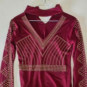 Burgundy Studded Bodysuit Long Sleeve Mock Neck‎ Party Clubwear Sexy Top